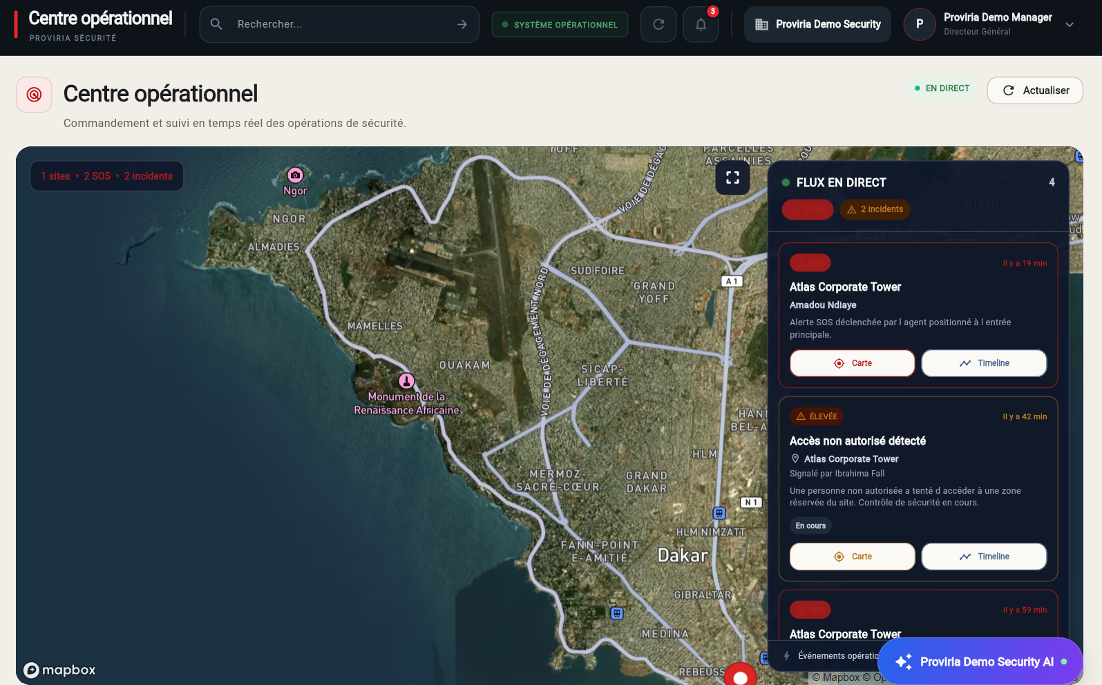 Proviria Security operational command centre with Mapbox map